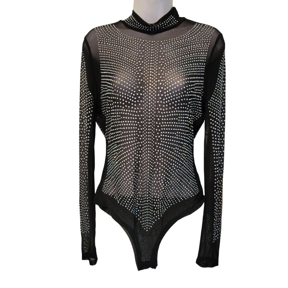 Vintage‎ Black Sheer Long Sleeve Rhinestone Bodysuit L Horse Show